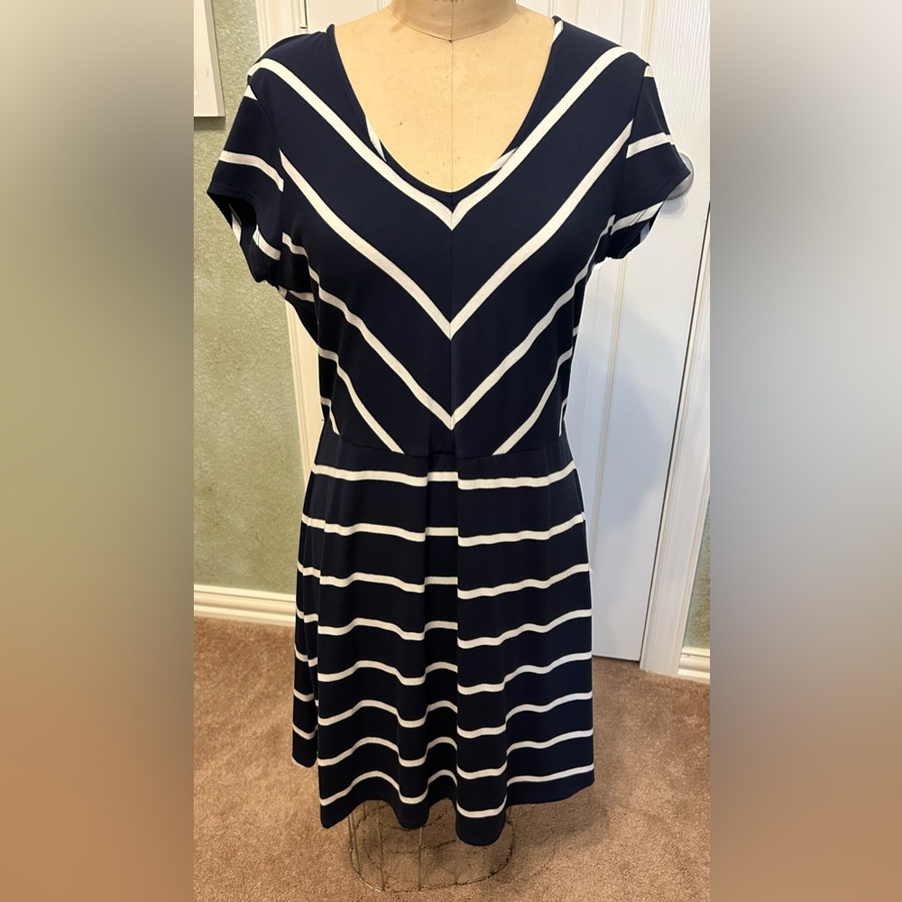 Xhileration Women’s Navy and White Striped Fit and Flare Dress